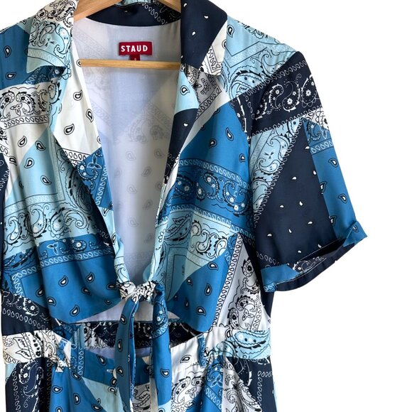 STAUD Giorgiana Tie‑Front Cutout Midi Dress – Blue Bandana Print – Size US 8 - Picture 7 of 11